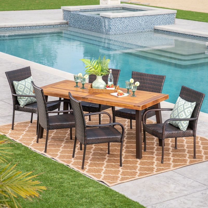 Sutton Outdoor 7 Piece Acacia Wood/ Wicker Dining Set by Christopher Knight Home - Rattan/Iron/Acacia - Assembly Required