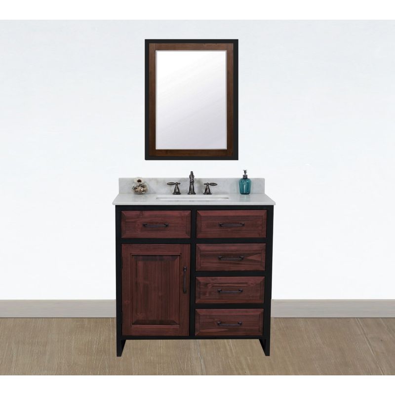 36"Rustic Solid Fir Single Sink Iron Frame Vanity in Brown-Driftwood Finish with Marble Top-No Faucet - Oval - Carrara White Marble Top