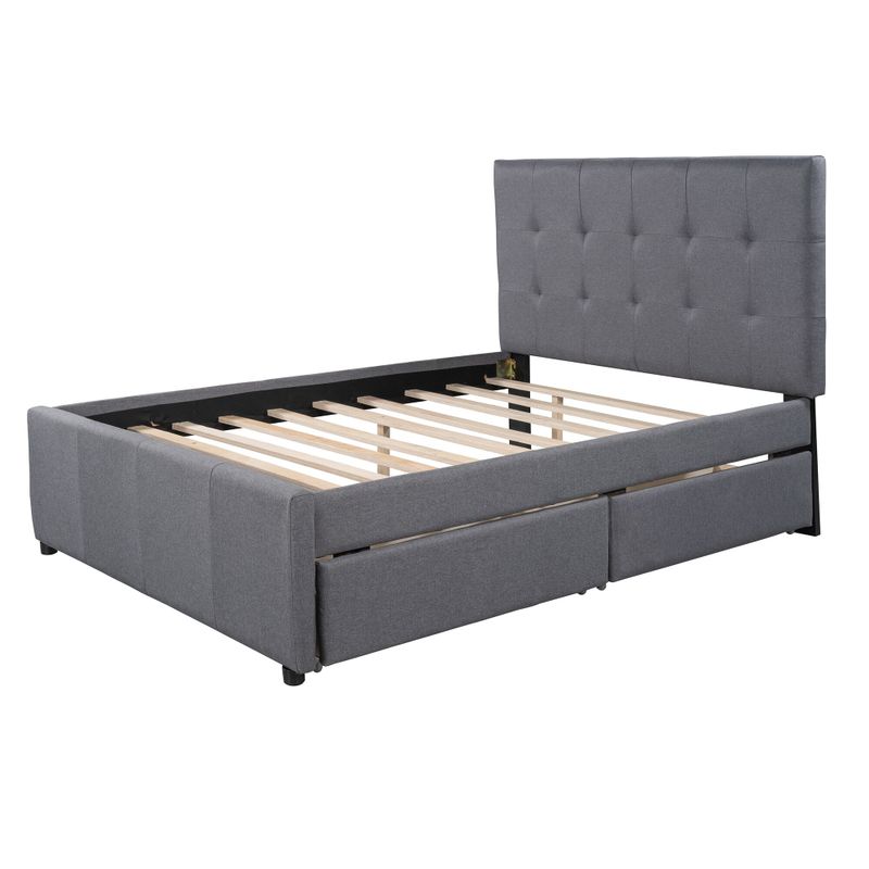 Nestfair Modern Full Size Linen Upholstered Platform Bed With Headboard and Two Drawers - Grey