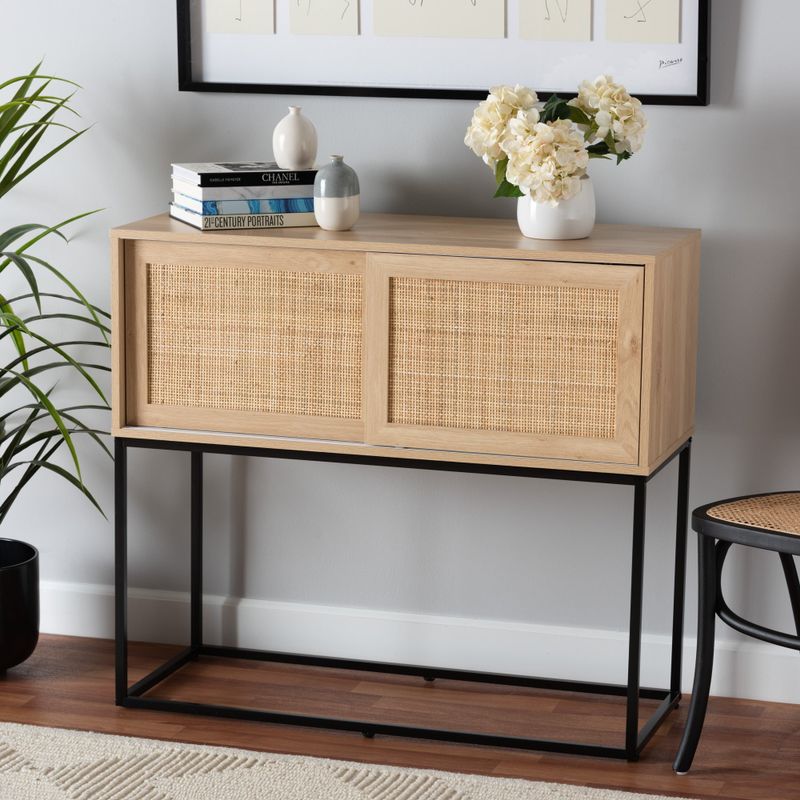 Amelia Mid-Century Modern Transitional Natural Brown Finished Wood and Natural Rattan Sideboard Buffet - Natural Brown, Black