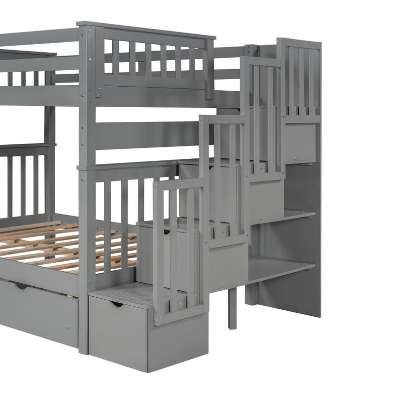 Full Over Full Bunk Bed with Shelves and 6 Storage Drawers - Grey