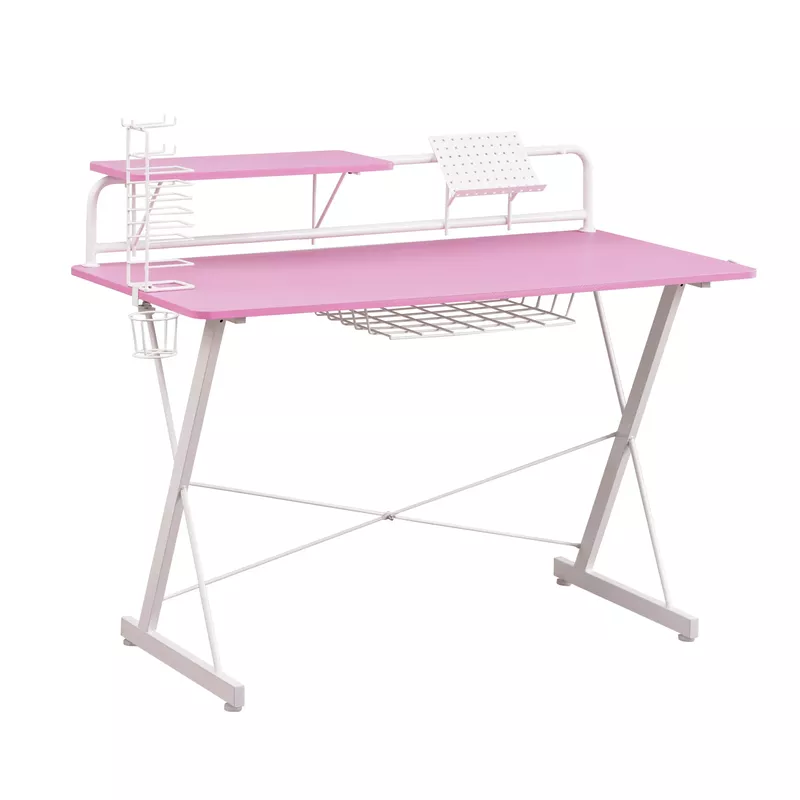 Carbon Computer Gaming Desk with Shelving, Pink