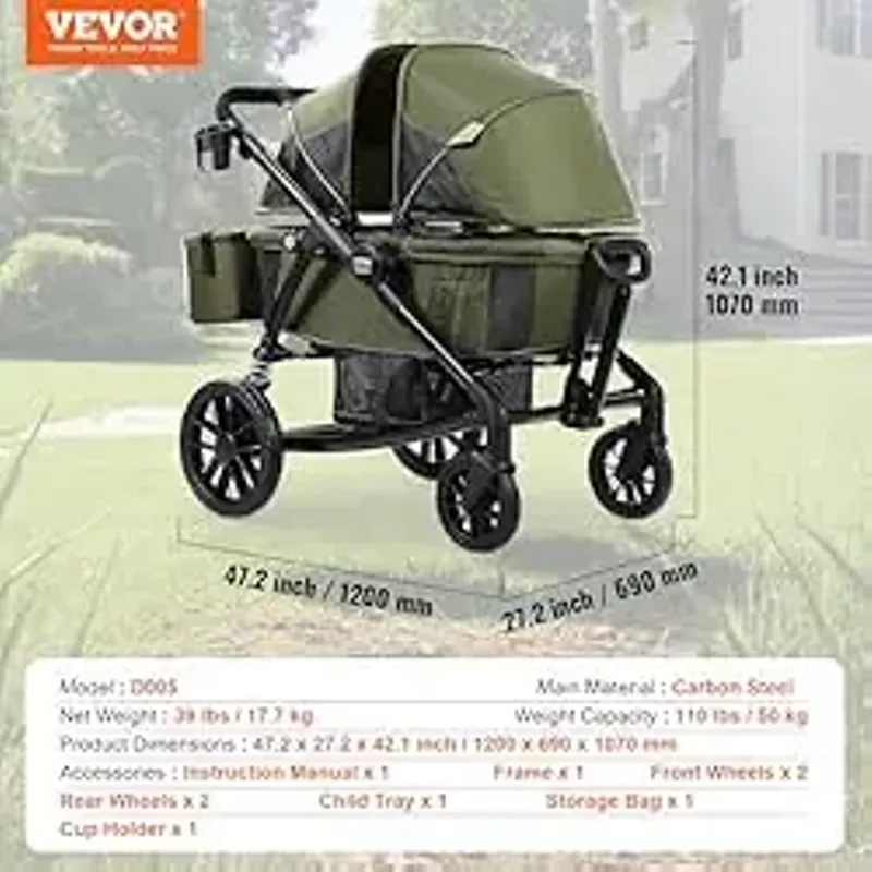 VEVOR All-Terrain Stroller Wagon, 2 Seats Foldable Expedition 2-in-1 Collapsible Wagon Stroller, includes Canopy, Parent Organizer, Snack Tray & Cup Holders, 55lbs for Single Seat, Olive Green