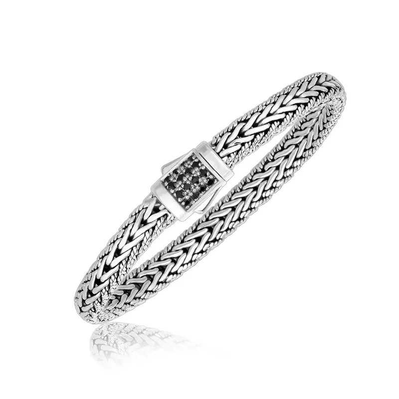 Sterling Silver Braided Style Men's Bracelet with Black Sapphire Accents (7 Inch)