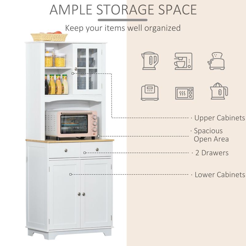 HOMCOM 67" Kitchen Buffet with Hutch, Pantry with Framed Doors, 2 Drawers, and Open Microwave Countertop - 26.75"x 15.5" x 67" - White