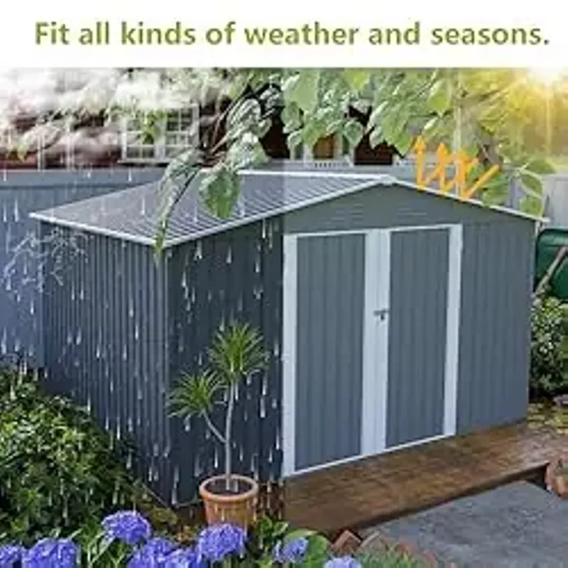 DHPM Outdoor Sheds 10FT x 8FT & Outdoor Storage Clearance, Metal Anti-Corrosion Utility Tool House with Lockable Door & Shutter Vents, Waterproof Storage Garden Shed for Backyard Lawn Patio
