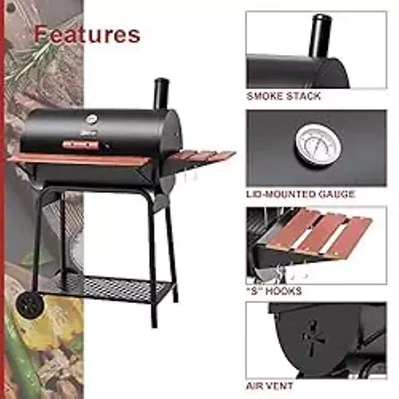 Royal Gourmet CC1830V 30 Barrel Charcoal Grill with Wood-Painted Side Front Table, 627 Square Inches Cooking Space, for Outdoor Backyard, Patio and Parties, Black