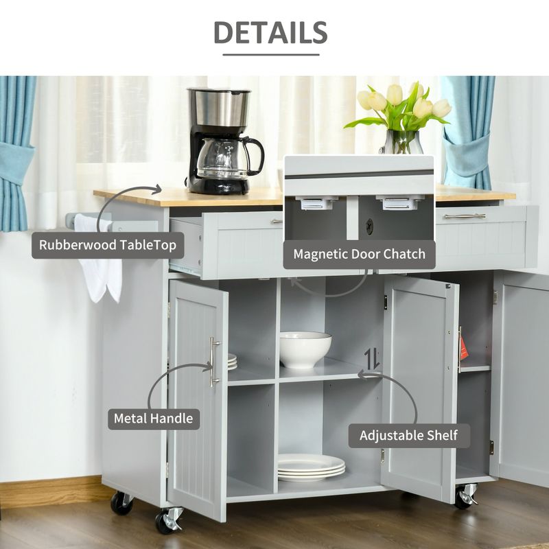 HOMCOM 48" Modern Kitchen Island Cart on Wheels with Storage Drawers, Rolling Utility Cart with Adjustable Shelves, Cabinets - White