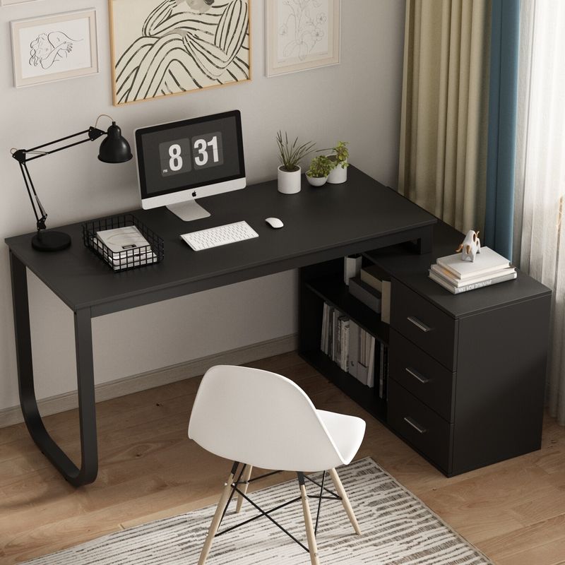 3-Drawer L-Shape Executive Desk Computer Tables With Storage Cabinet - Black