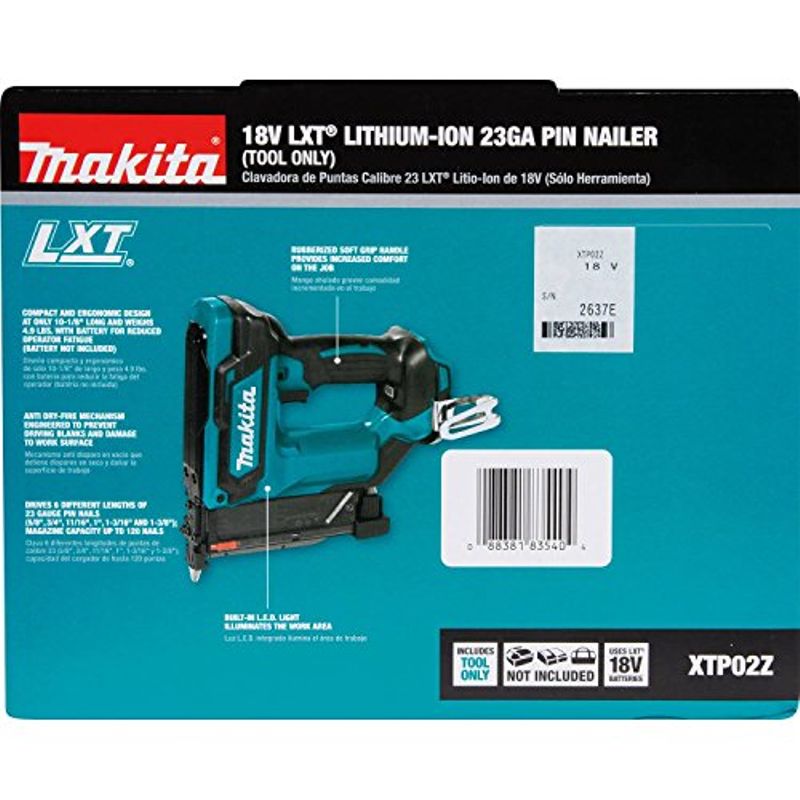 Makita XTP02Z 18V LXT Lithium-Ion Cordless 1-3/8" Pin Nailer, 23 Ga, Tool Only