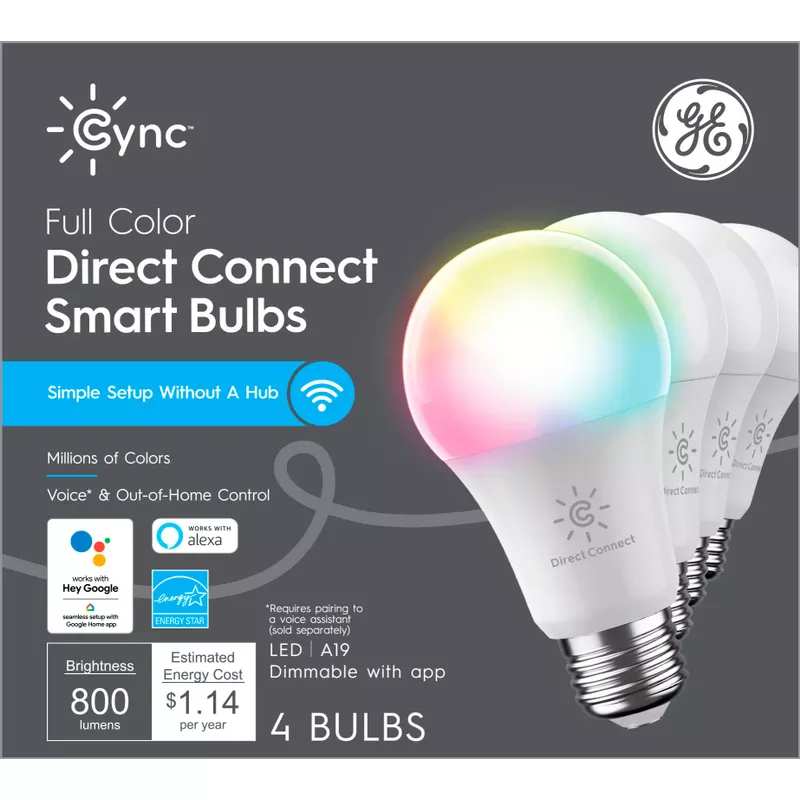 GE - Cync Direct Connect Light Bulbs (4 A19 LED Color Changing Light Bulbs), 60W Replacement - Full Color