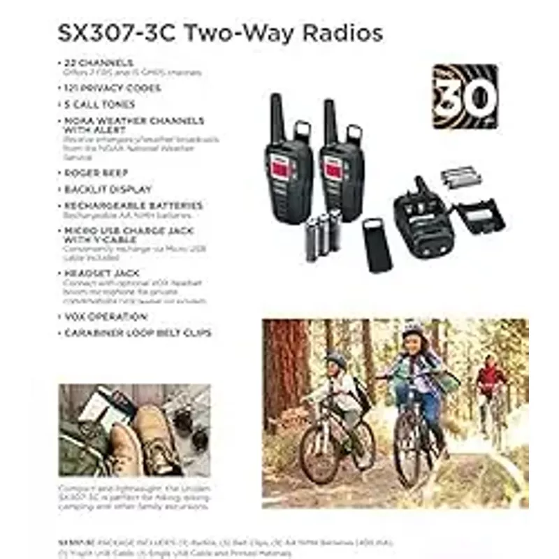 Uniden SX307-3C FRS 3-Pack, Up to 30-Mile Range, Walkie Talkies, 22-Channel FRS 2-Way Radios - Black