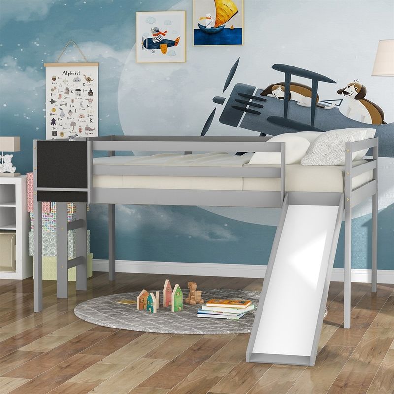 Merax Wood Loft Bed with Slide, Stair and Chalkboard - Grey - Twin