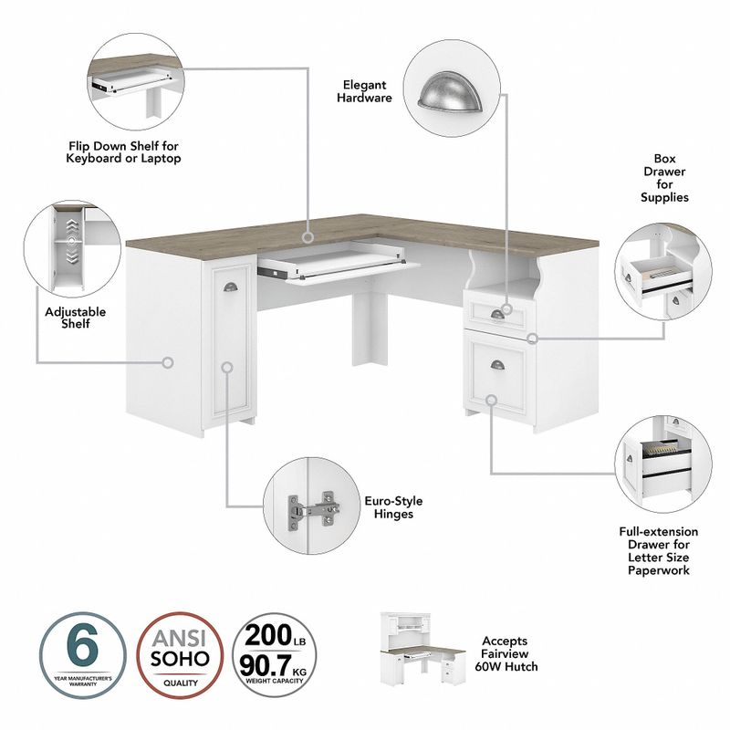 Fairview 60W L Shaped Desk with Drawers and Cabinet by Bush Furniture - Shiplap Gray/Pure White