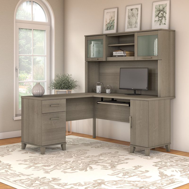 Somerset 60W L Shaped Desk with Hutch - Sand Oak