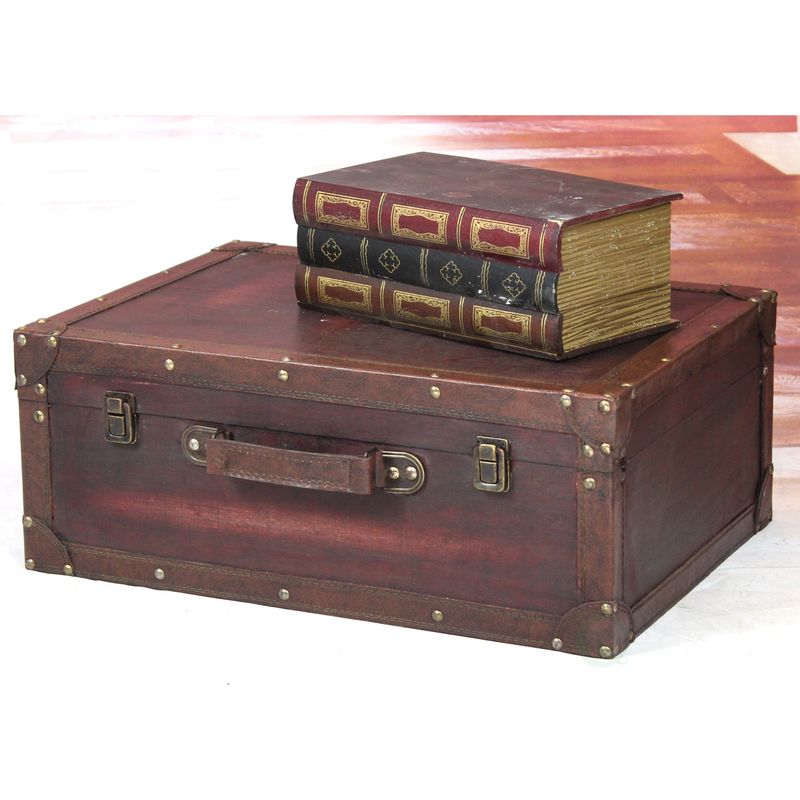 Vintiquewise Cherry Wooden Vintage-style Suitcase with Leather Trim - Vintage Style Brown Wooden Suitcase