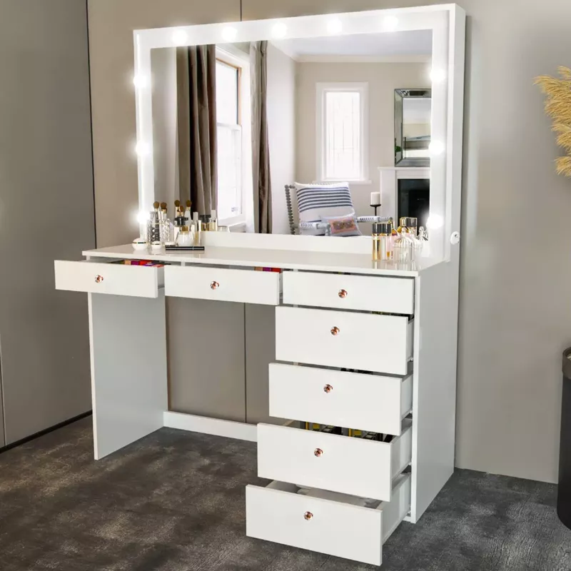 Boahaus Makeup Vanity, 7 Drawers, Lights Built-in, Power Outlet, White - White-Rose Gold Crystal Knobs