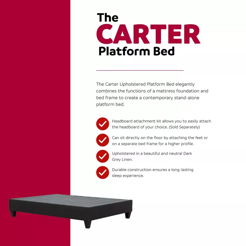 Carter Queen Dark Grey Platform Bed with Solar 9 in. Pocket Spring Mattress