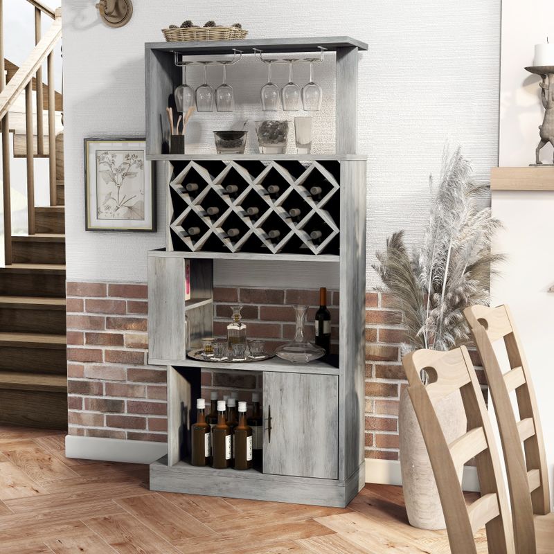 DH BASIC Urban Dual-Side Access Lattice 11-Bottle Wine Rack and Cabinet by Denhour - Vintage Grey Oak