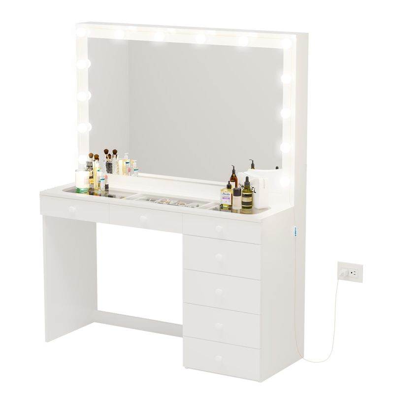 Boahaus Serena Lighted Vanity with Glass Top (White) - White-Gold Knobs