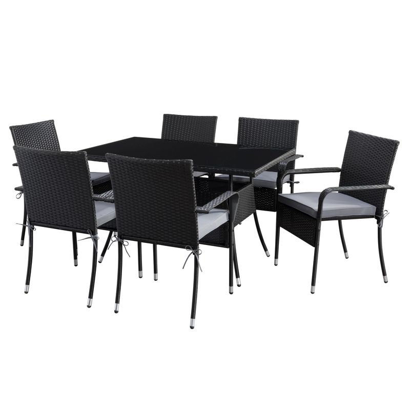CorLiving Parksville Rectangle Patio Dining Set with Stackable Chairs - Black Finish/Ash Grey Cushions 7pc - Grey - 7-Piece Sets