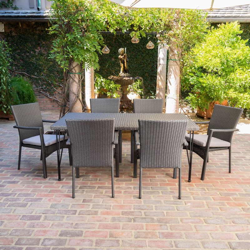 Luka Outdoor 7-Piece Rectangle Wicker Dining Set with Cushions by Christopher Knight Home - Grey + Grey