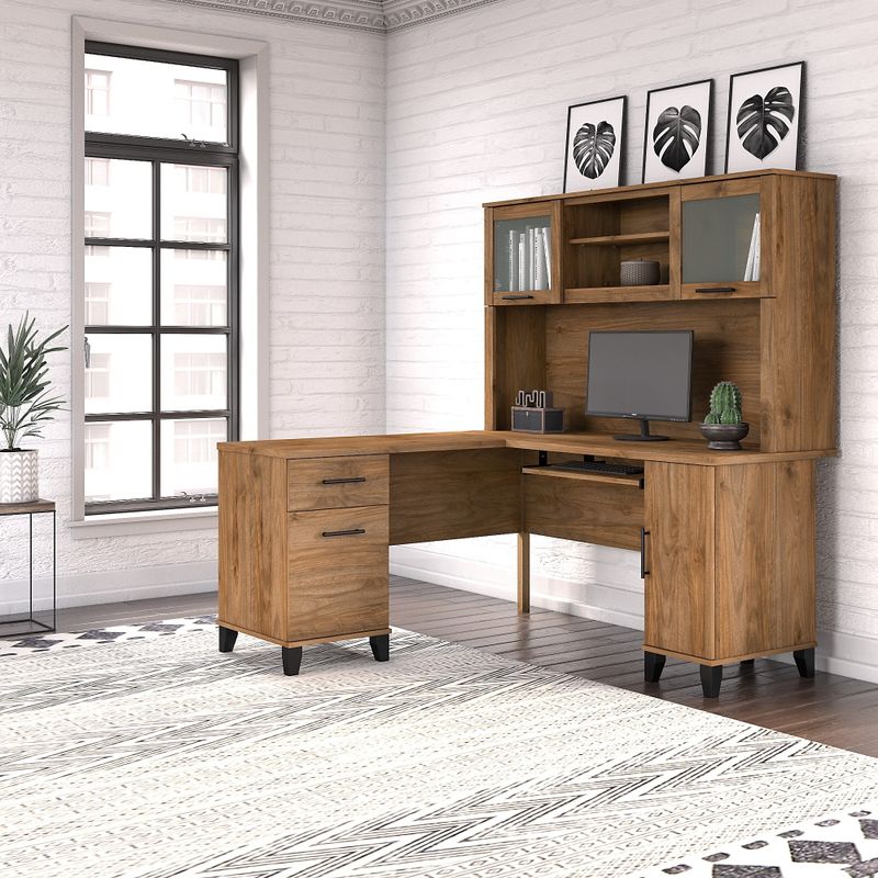 Somerset 60W L Shaped Desk with Hutch - Sand Oak