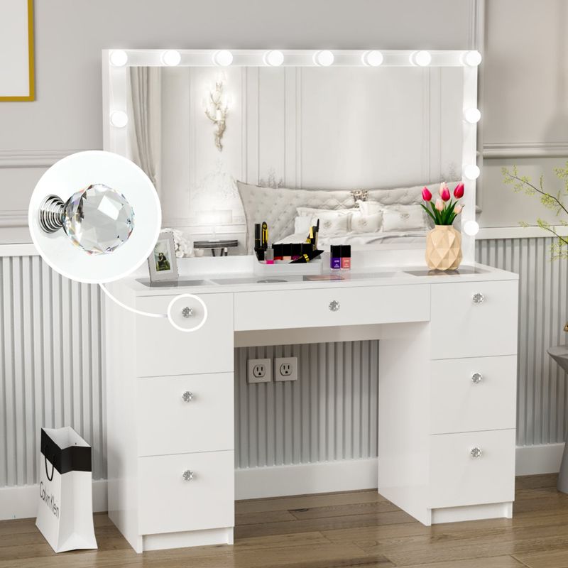Boahaus Yara Lighted Vanity with Glass Top (White) - White-Crystal Ball Knobs