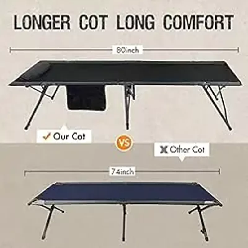 PORTAL Folding Camping Cot for Adults, 80” Extra Length Travel Cot with Pillow, Outdoor Sleeping Cots with Side Pockets, Easy to Set up Camping Cot with Carry Bag, Support 300LBS