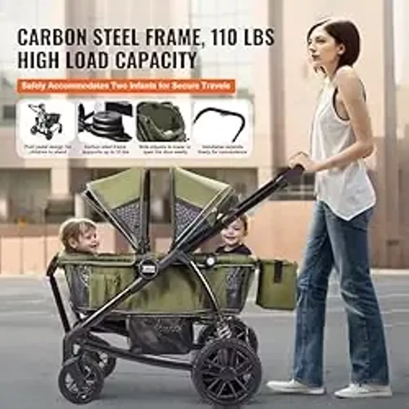 VEVOR All-Terrain Stroller Wagon, 2 Seats Foldable Expedition 2-in-1 Collapsible Wagon Stroller, includes Canopy, Parent Organizer, Snack Tray & Cup Holders, 55lbs for Single Seat, Olive Green