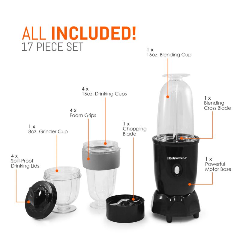 Elite Cuisine 17 Piece Personal Drink Blender with 4 x 16oz. Travel Cups - Black