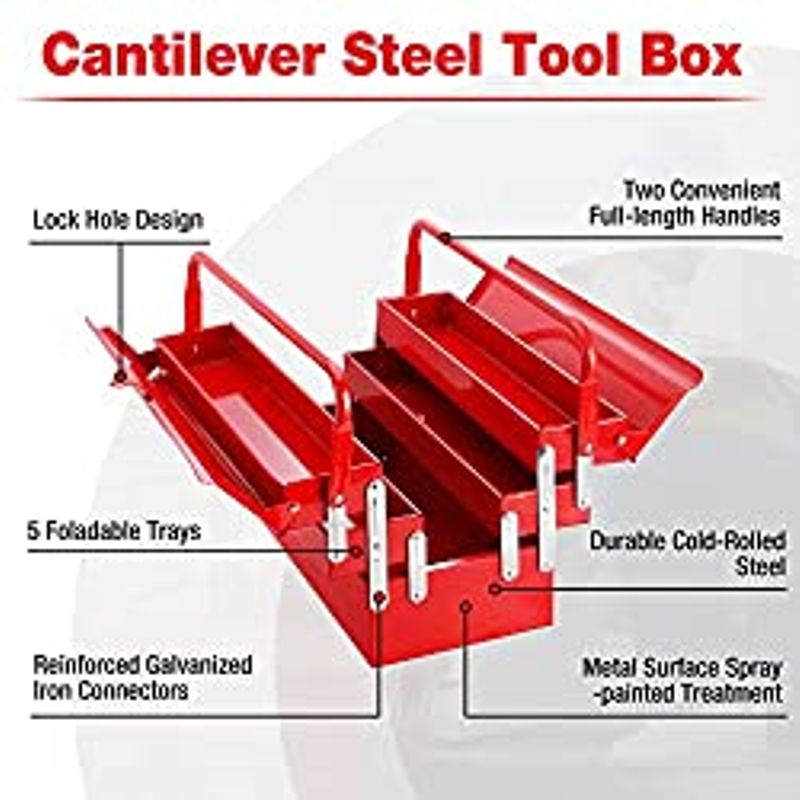 WORKPRO Metal Tool Box, 18-inch Cantilever Folding Red Storage Box, 3-Layer 5-Tray Multi-Function Tool Organizer, Red