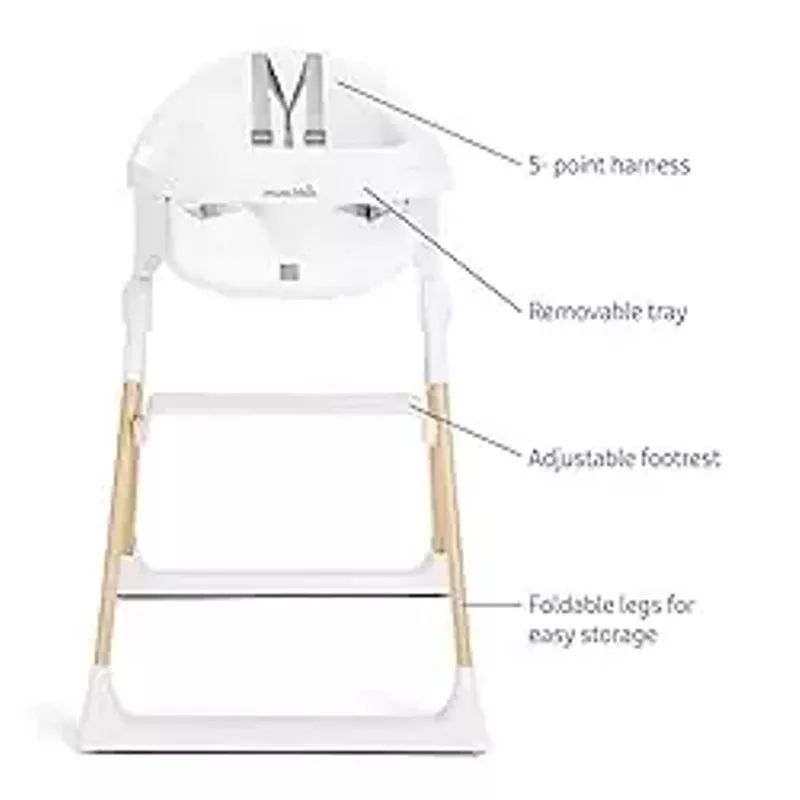 Munchkin® Float™ Foldable Baby and Toddler High Chair - Easy Clean, Compact and Lightweight, Great for Small Spaces, White with Wooden Legs