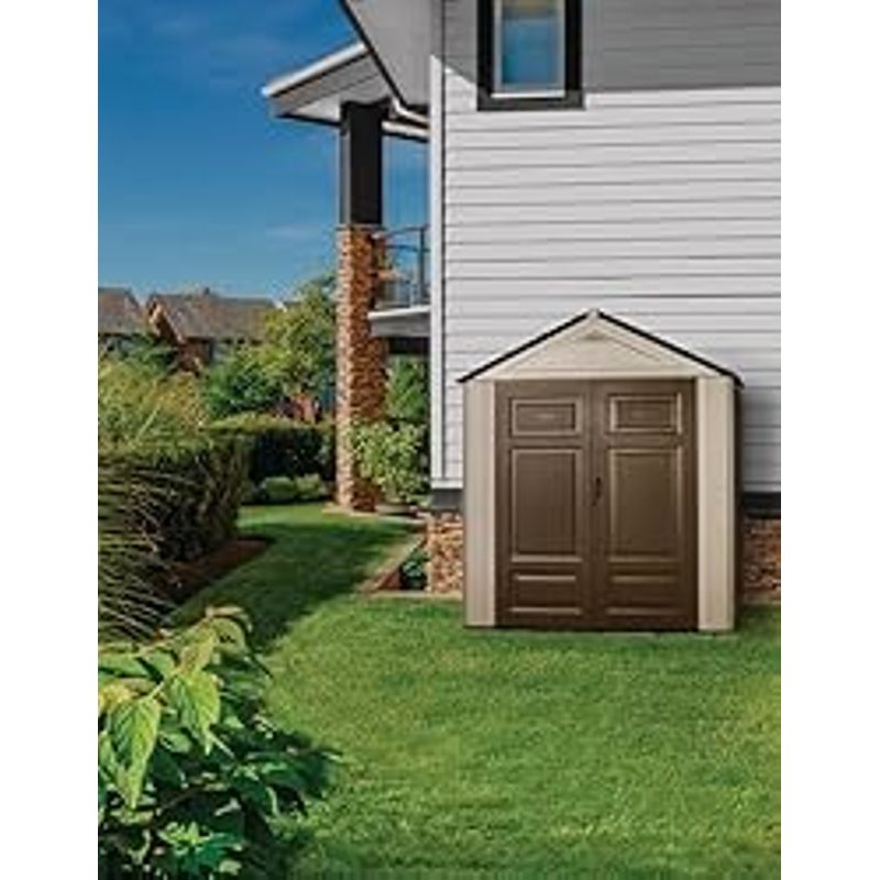 Rubbermaid Large Resin Outdoor Storage Shed, 7 x 3.5 ft., Gray and Brown, with Space-Saving Profile for Home/Garden/Pool/Back-Yard/Lawn...