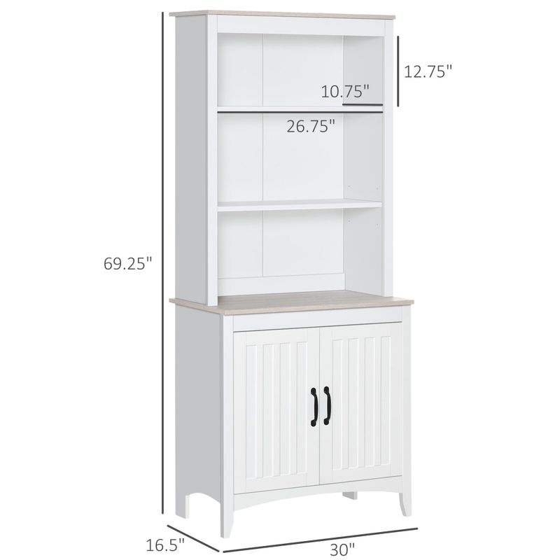 HOMCOM 70" Kitchen Buffet Hutch with 3-Tier Shelving, Freestanding Storage Pantry Cabinet w/ Adjustable Shelves and Countertop - White