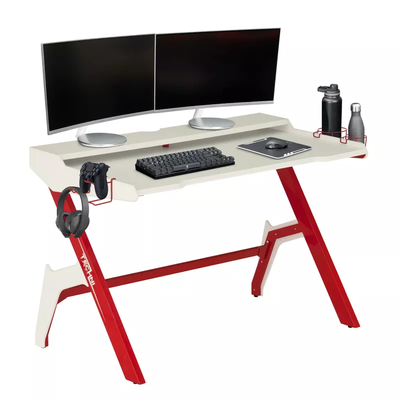 Ergonomic Computer Gaming Desk Workstation with Cupholder & Headphone Hook, Red