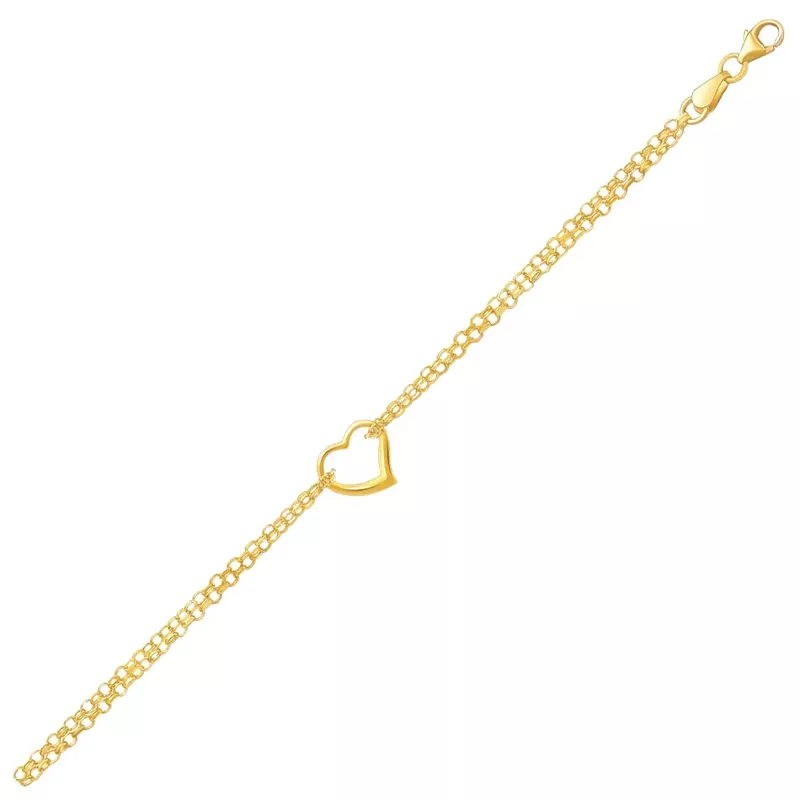 14k Yellow Gold Double Rolo Chain Anklet with an Open Heart Station (10 Inch)