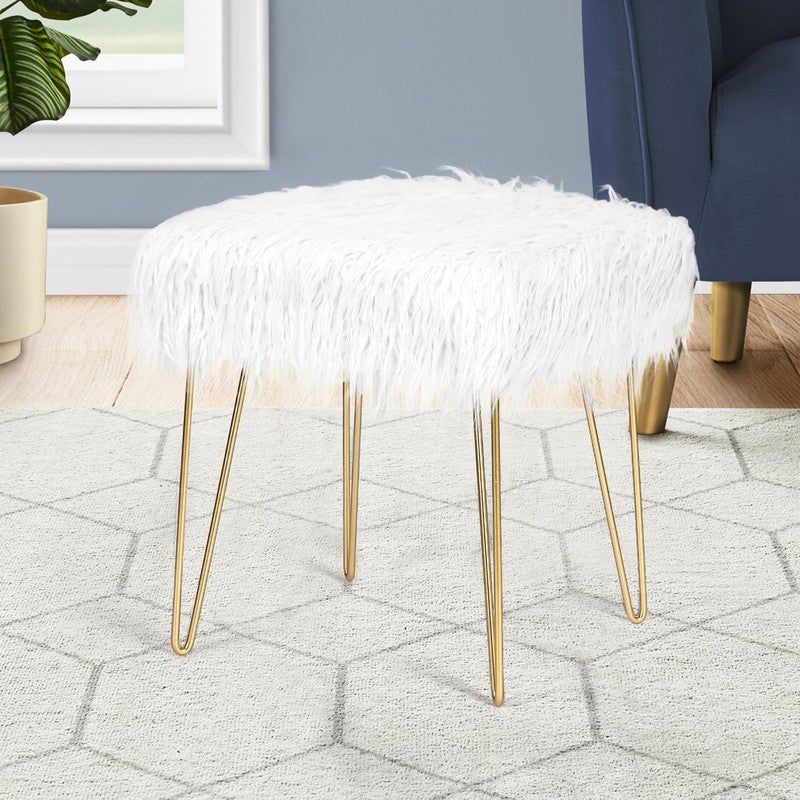 Adeco Faux Ottoman Vanity Stool with Metal Legs for Bedroom - Pink