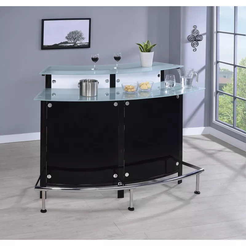 Arched 1-shelf Bar Unit with Glass Counter Tops Glossy Black, Chrome, Frosted and Clear