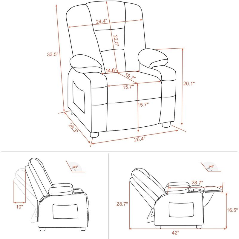 Mcombo Big Kids Recliner Chair with Cup Holders for Toddler Boys and Girls, 2 Side Pockets, 3+ Age Group, Faux Leather 7322 - Grey