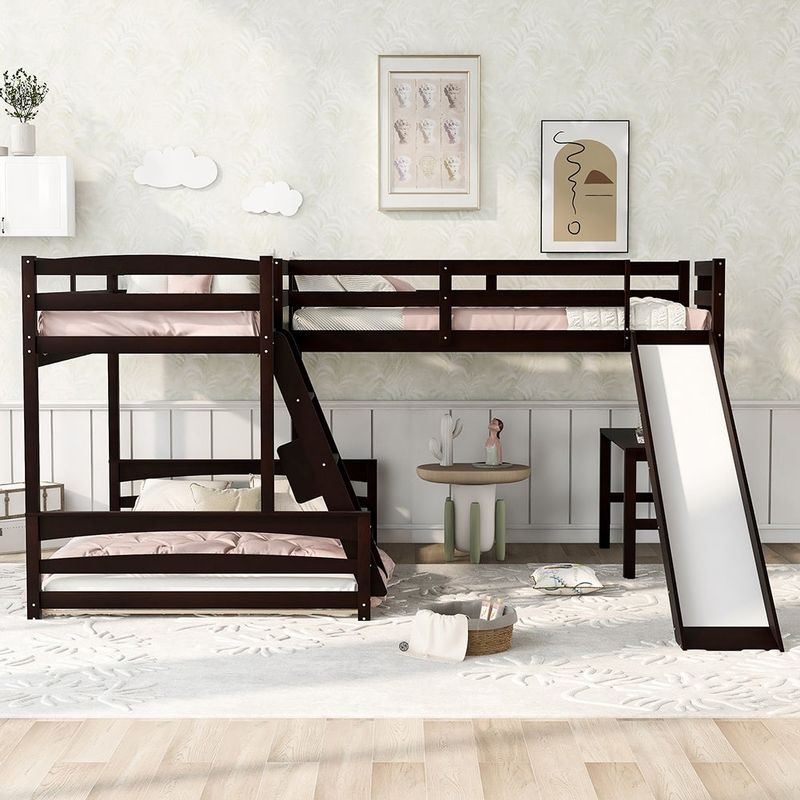 Twin over Full Bunk Bed with Twin Size Loft Bed with Desk and Slide - White