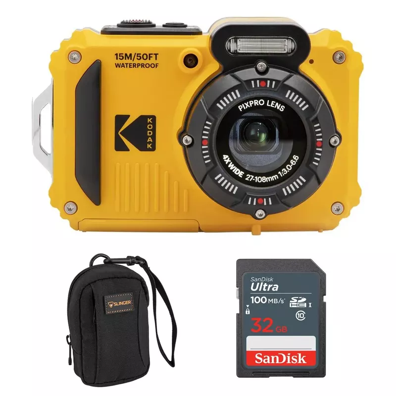 KODAK PIXPRO WPZ2 16MP Full HD Waterproof Rugged Digital Camera, Yellow, Bundle with 32GB Memory Card and Camera Bag