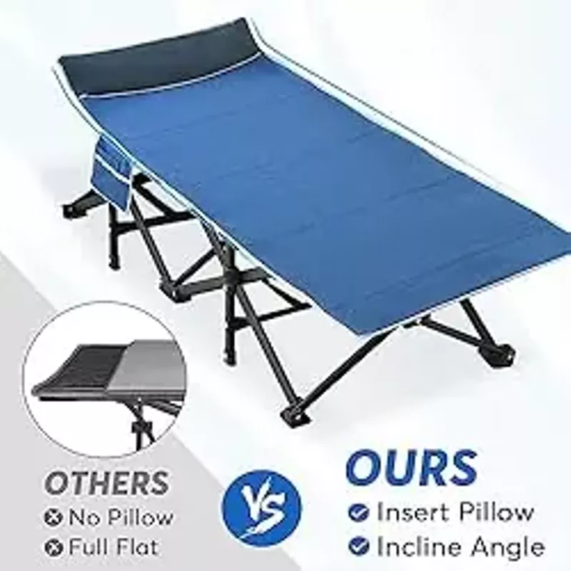 Slendor XXL Folding Camping Cot for Adults,79" L x 32" W x 19" H Camp Cot, Oversized Sleeping Cot with Mattress, Carry Bag, Strapping, Cot Bed for Tent, Office Support 500lbs, Blue Cot w/Blue Pad