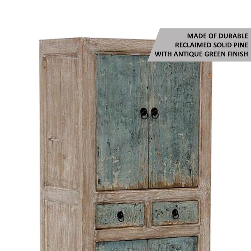 Lily's Living Reclaimed Wood Narrow Shandong Cabinet, 67 Inch Tall, Antique Green - White
