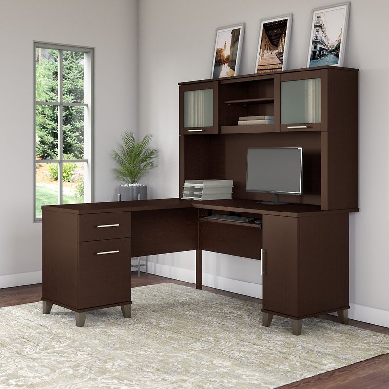 Somerset 60W L Shaped Desk with Hutch - Sand Oak