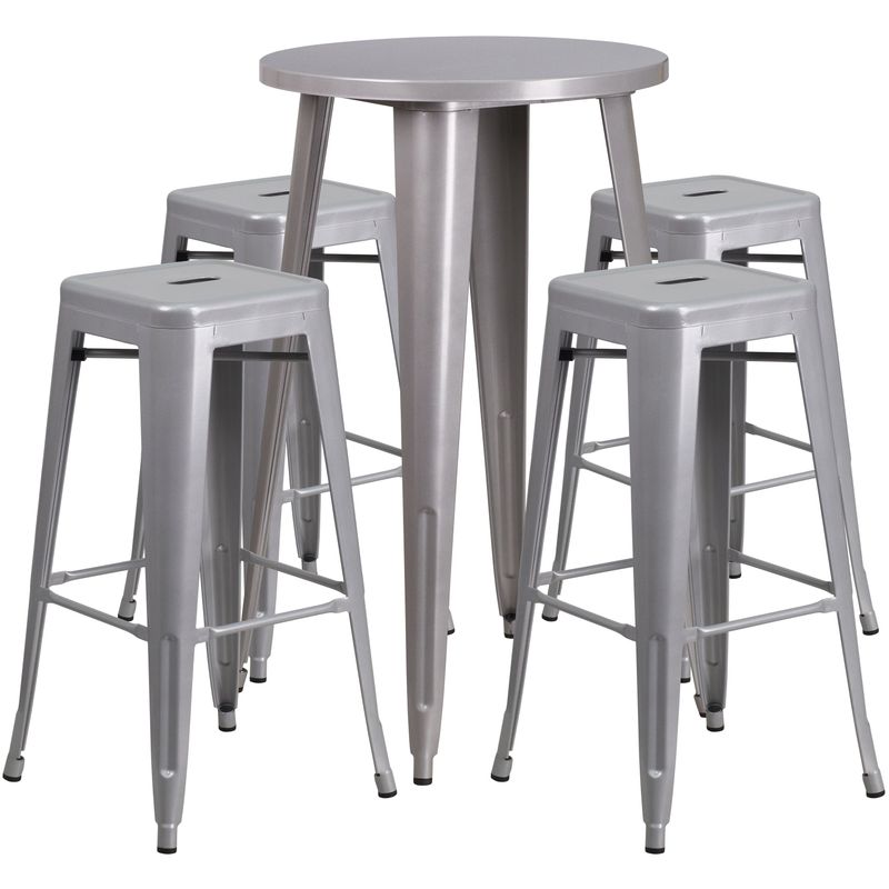 24'' Round Metal Indoor-Outdoor Bar Table Set with 4 Square Seat Backless Stools - Silver