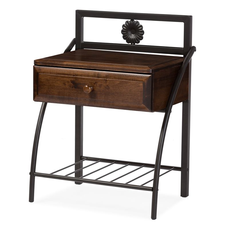 Baxton Studio Jevenci Vintage Antique Dark Bronze Metal and Walnut Wood 1-drawer Nightstand - Nightstand-Black