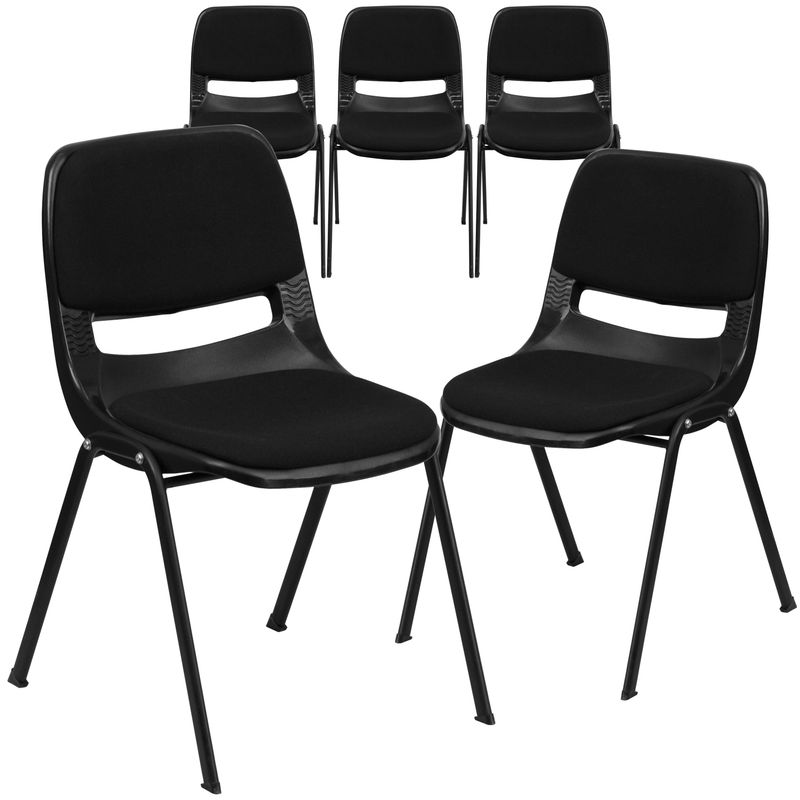5 Pack 880 lb. Capacity Padded Ergonomic Shell Stack Chair with Metal Frame - Black
