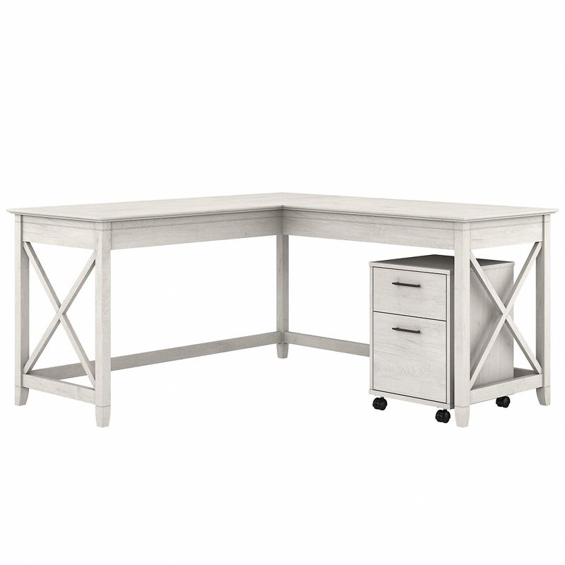 Key West 60W L Shaped Desk with Mobile File Cabinet by Bush Furniture - Shiplap Gray/Pure White