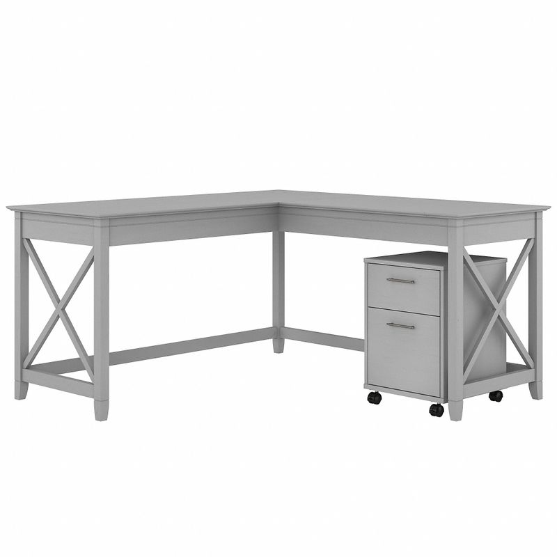 Key West 60W L Shaped Desk with Mobile File Cabinet by Bush Furniture - Shiplap Gray/Pure White